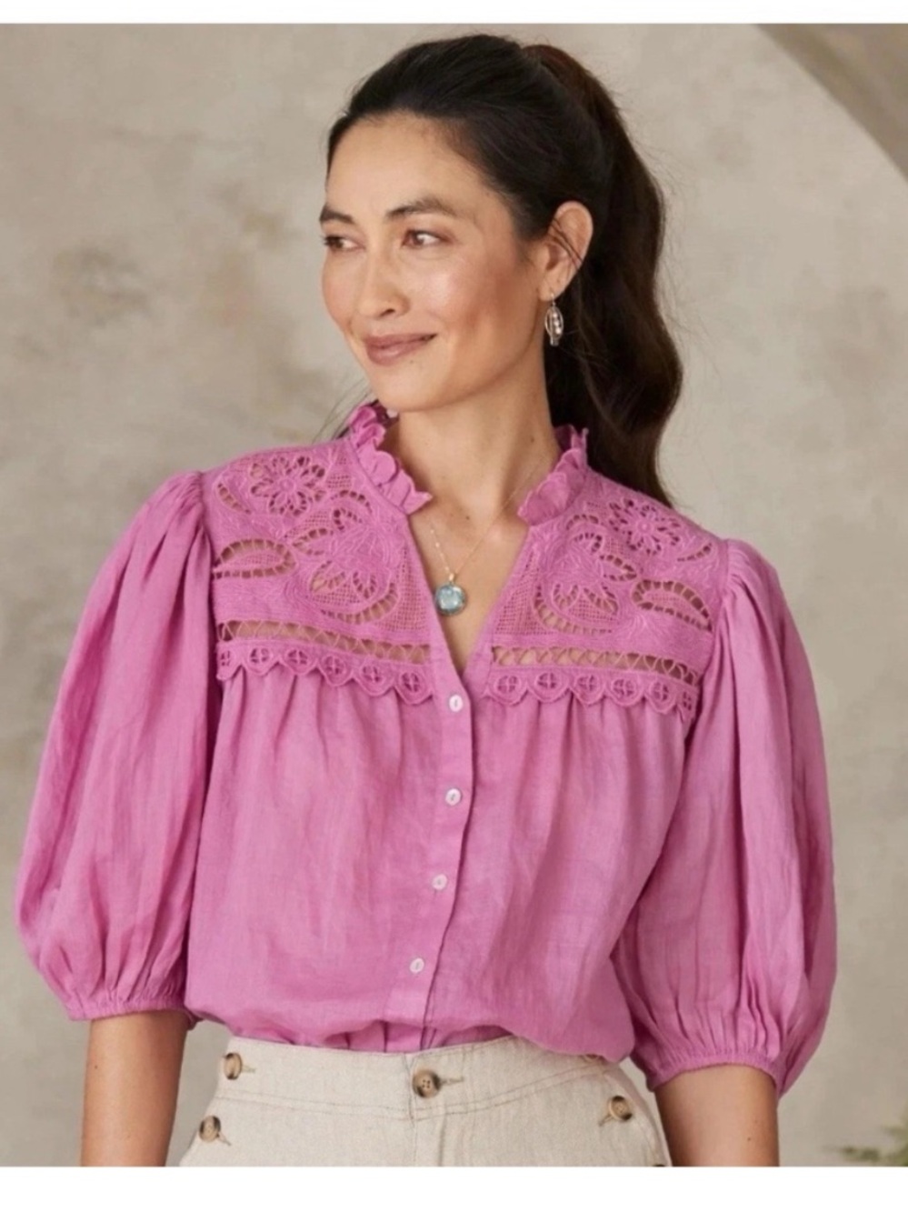 Sundance Eyelet Lace Embroidered Floral Puff Sleeve Fuchsia Top Sz XXL